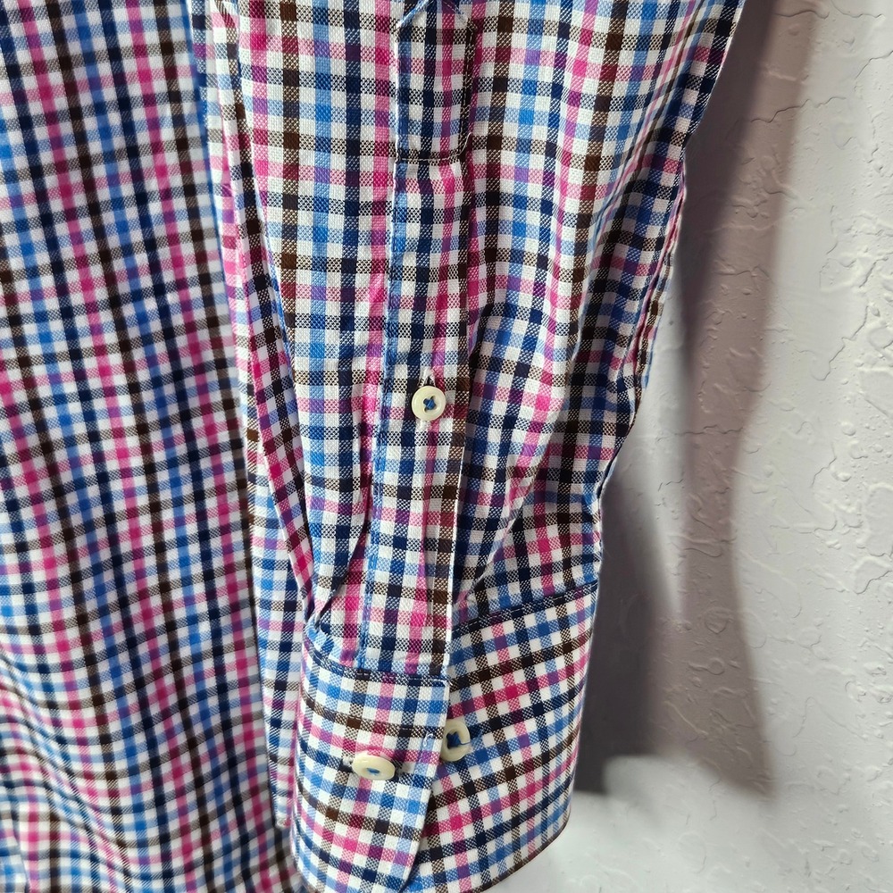 Peter Millar Mens Large Tattersall Check Button Down Shirt Blue‎ Pink Cotton L - Picture 4 of 6